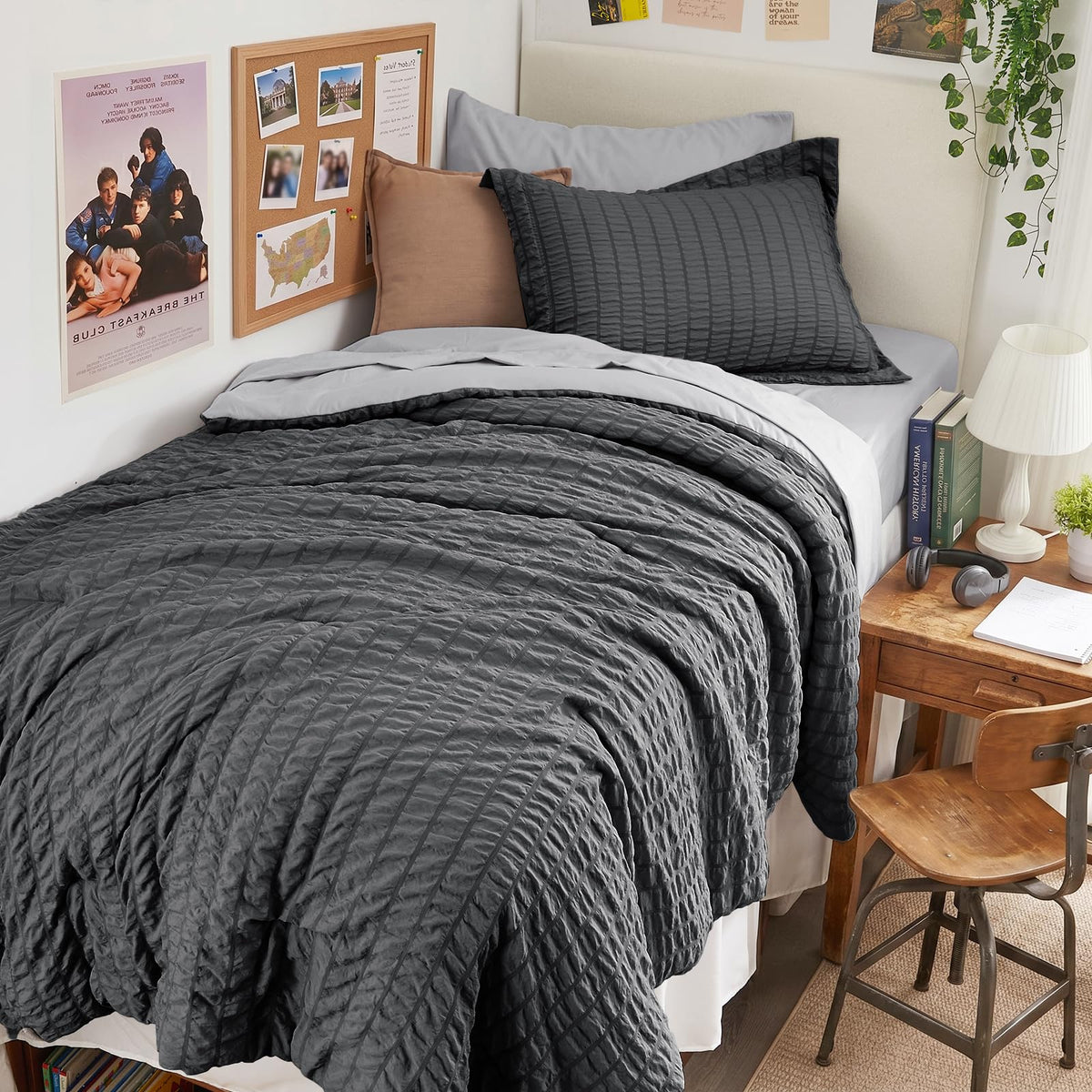 HYMOKEGE Full Size Comforter Sets Seersucker 7 Pieces, All Season Luxury Bed in a Bag for Bedroom, Bedding Set with Comforters, Sheets, Pillowcases & Shams, Dark Grey