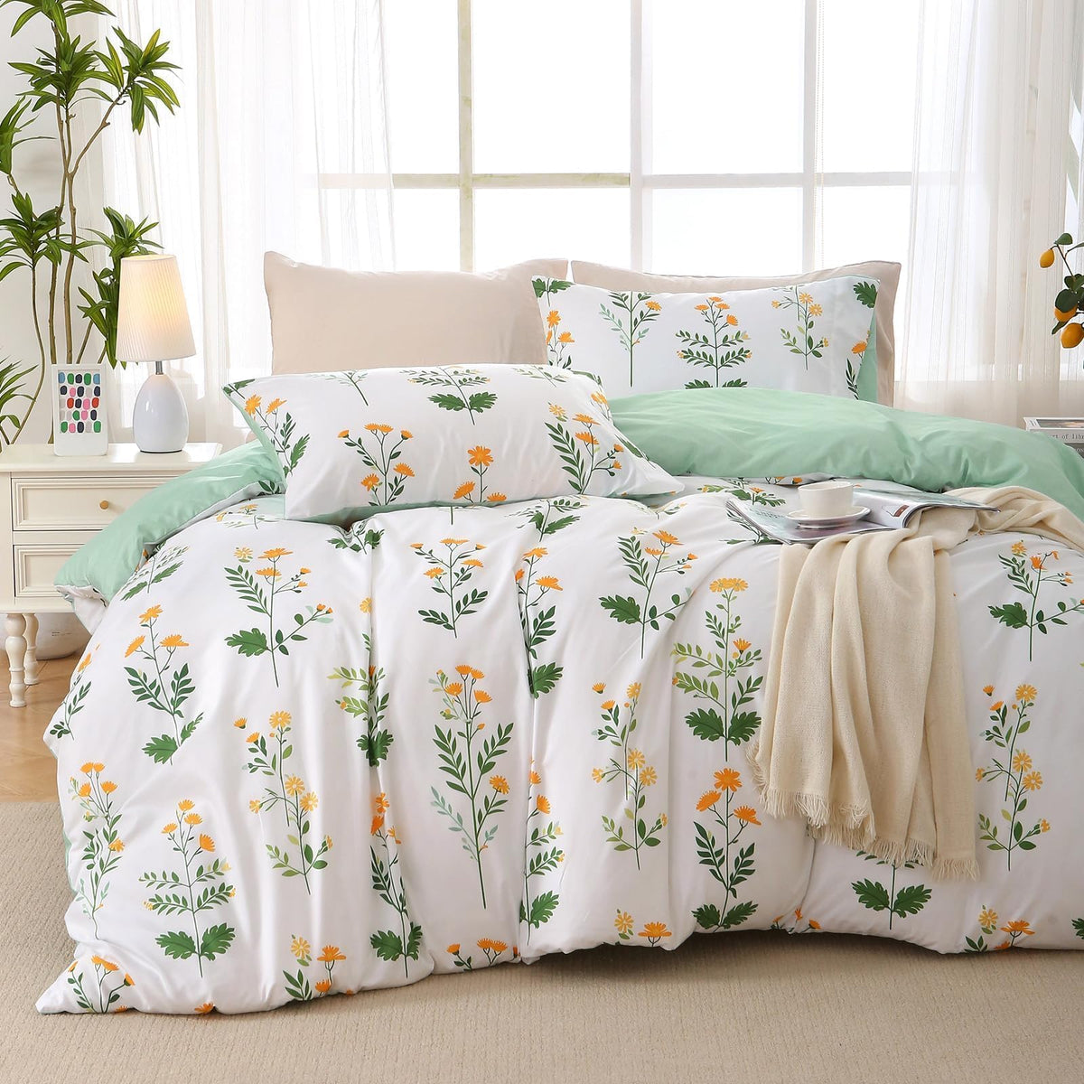 MUXHOMO Duvet Cover Twin/Twin XL Size, 2-Piece Beige Leaves Bedding Set
