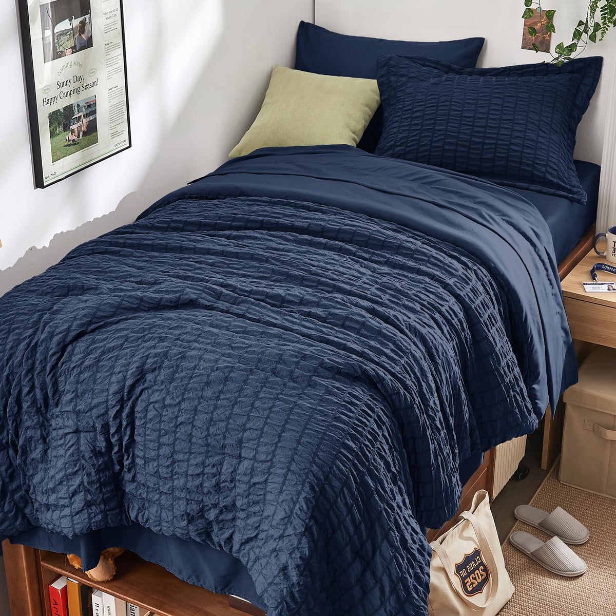 HYMOKEGE Full Size Comforter Sets Seersucker 7 Pieces, All Season Luxury Bed in a Bag for Bedroom, Bedding Set with Comforters, Sheets, Pillowcases & Shams, Dark Grey