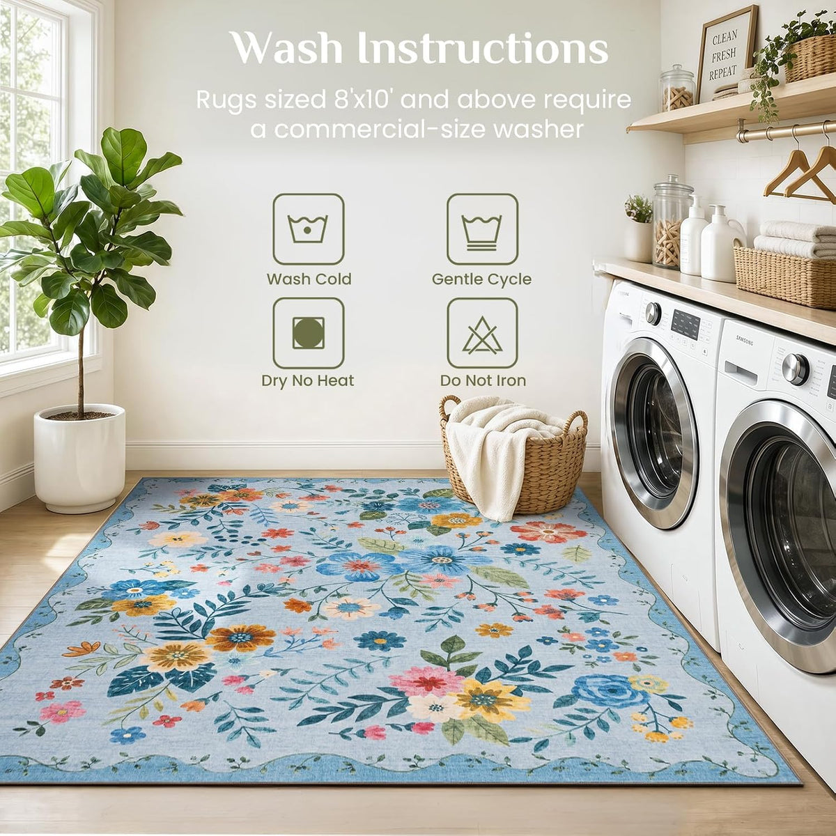 JOLLYVOGUE Floral Area Rug 5x7, Washable Rug for Living Room, Light Blue