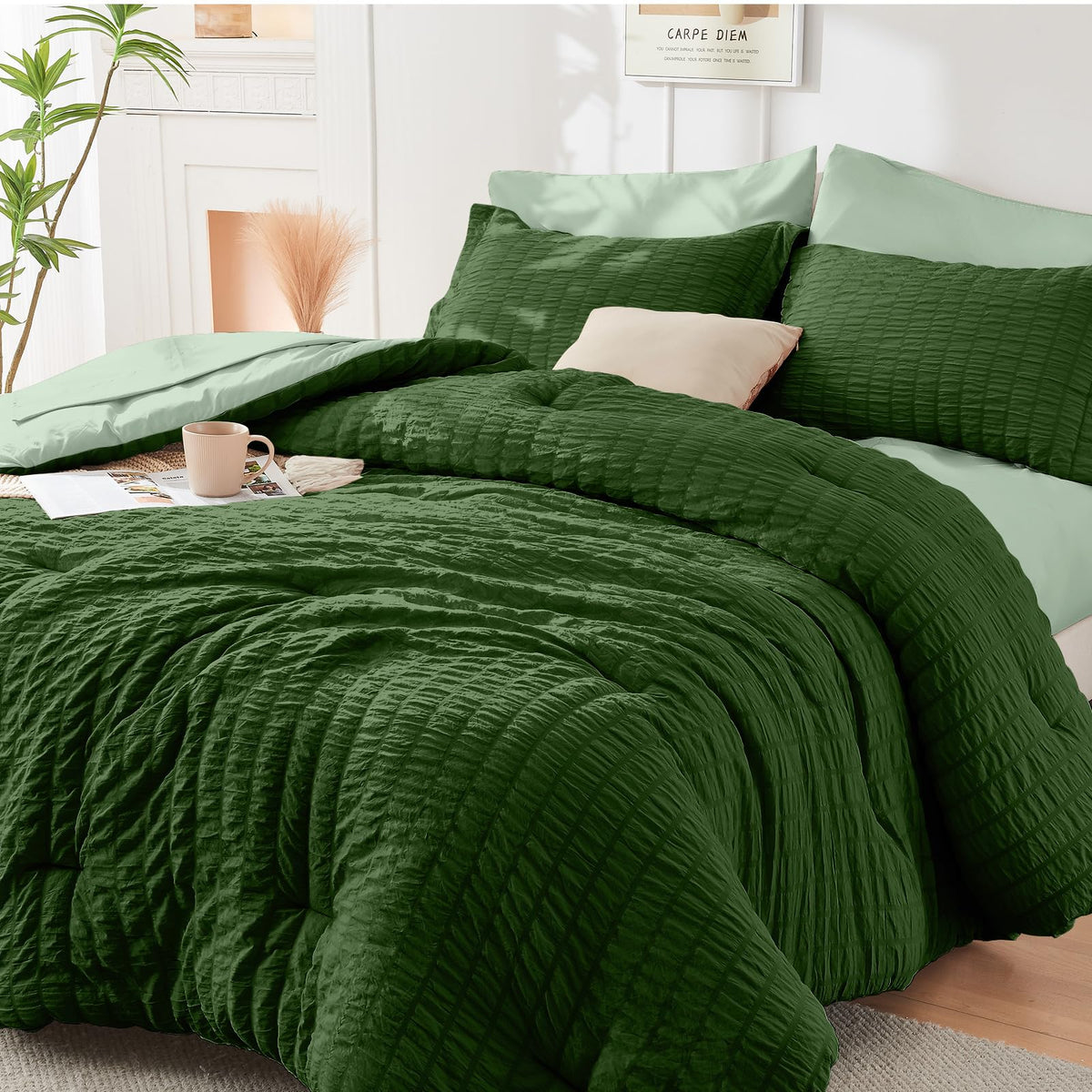 HYMOKEGE Full Size Comforter Sets Seersucker 7 Pieces, All Season Luxury Bed in a Bag for Bedroom, Bedding Set with Comforters, Sheets, Pillowcases & Shams, Dark Grey