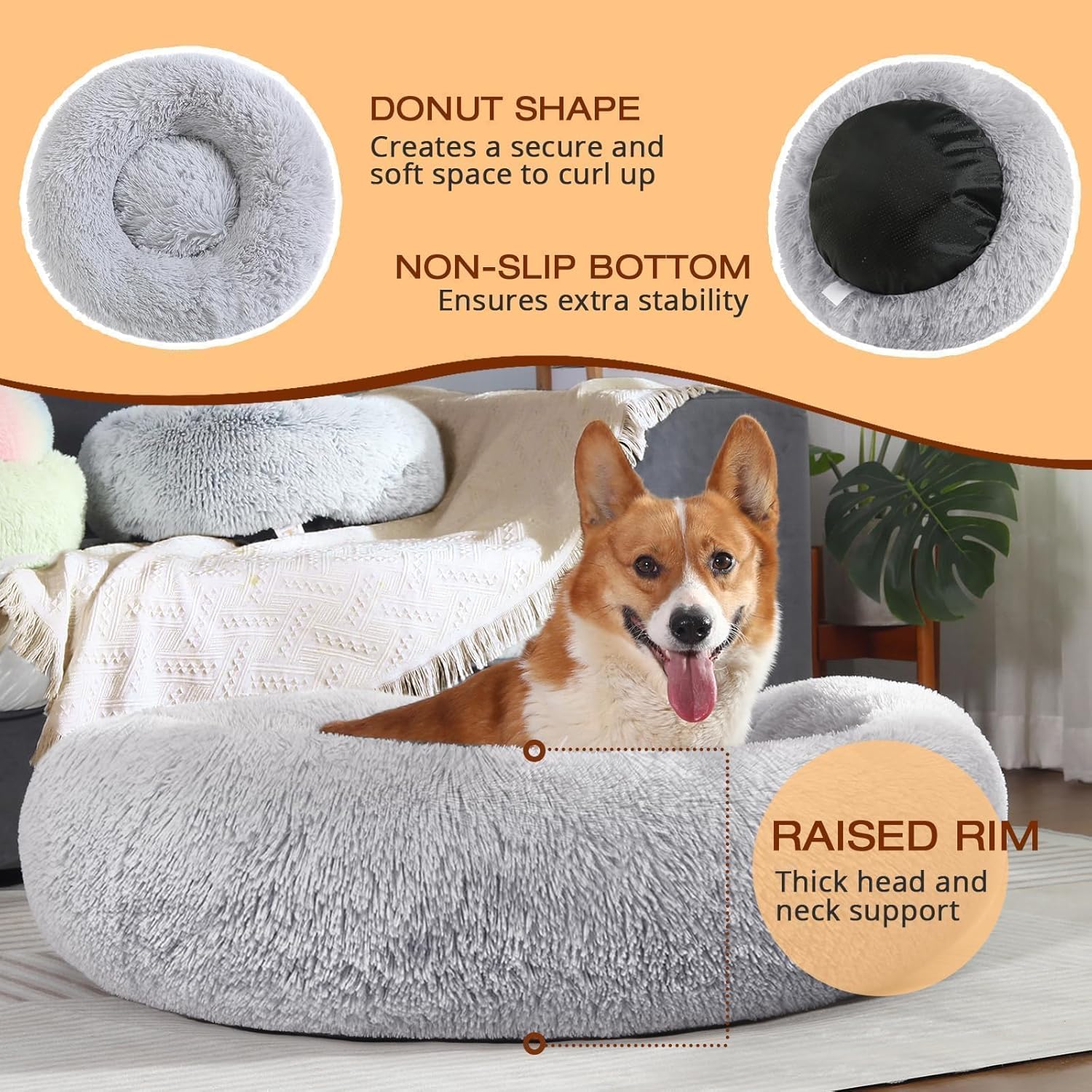 JOLLYVOGUE Small Dog Bed, Calming Soft Anti-Anxiety Donut Cat Bed, Washable Round Fluffy Cushion for Small and Medium Pets (20")