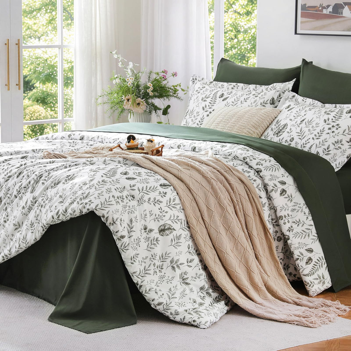 MUXHOMO Twin XL Comforter Set, 7-Piece Floral Bed in a Bag, Sage Green