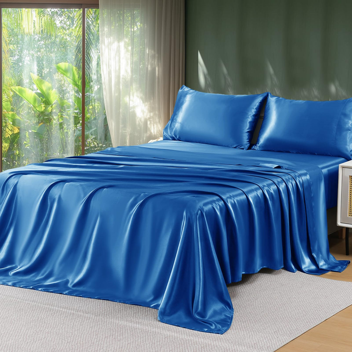Sasttie Satin Sheets Black Queen Size - 4 Pieces Luxury Soft Black Silky Bed Sheets Set with Pillowcases - Smooth Silk-Like Satin Fwabric, Reinforced 14 Inches Pocket, Oeko-Tex Certified