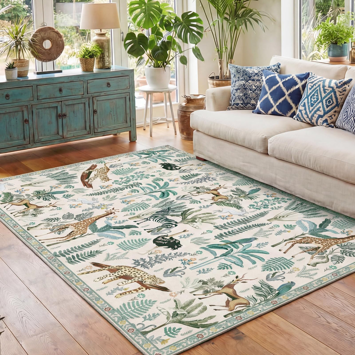 OPPODREAM Soft Area Rugs 5x7, Persian-Inspired Washable Rug, Blue & Gold