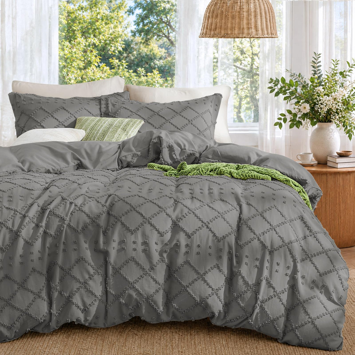 Boho Duvet Cover Set Queen Size, Tufted Embroidery Bedding, 3 PCS, Beige