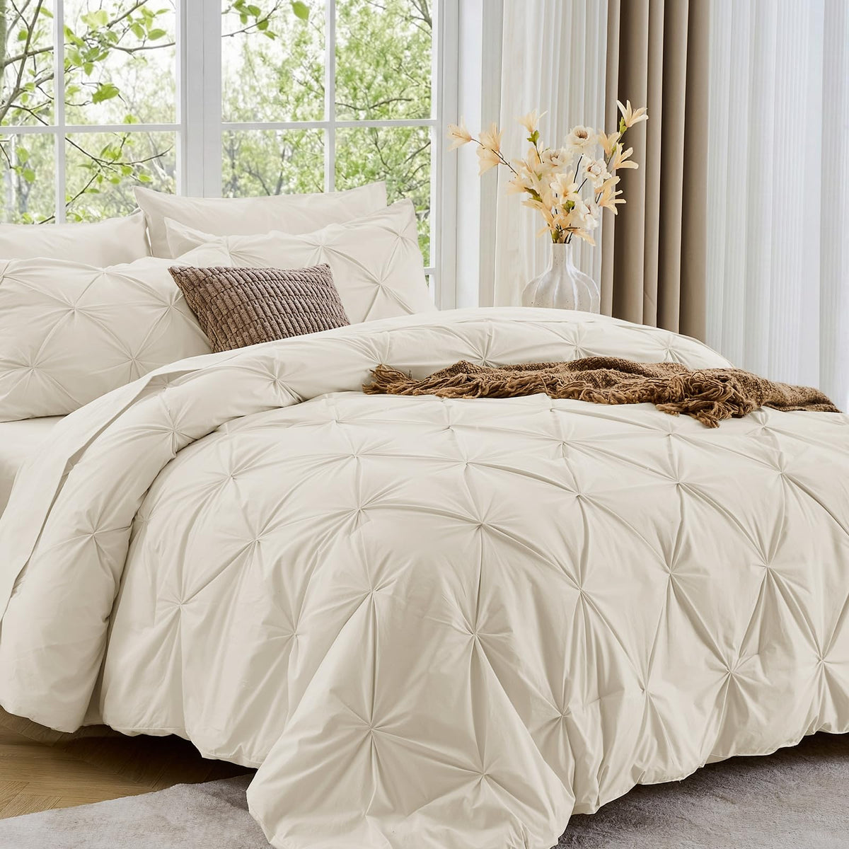 Sasttie Twin Comforter Set, 5-Piece Bed in a Bag, Pintuck Bedding Sets for All Season, Includes Comforter, Flat Sheet, Fitted Sheet, Pillowcase and Pillowsham, Baby Pink