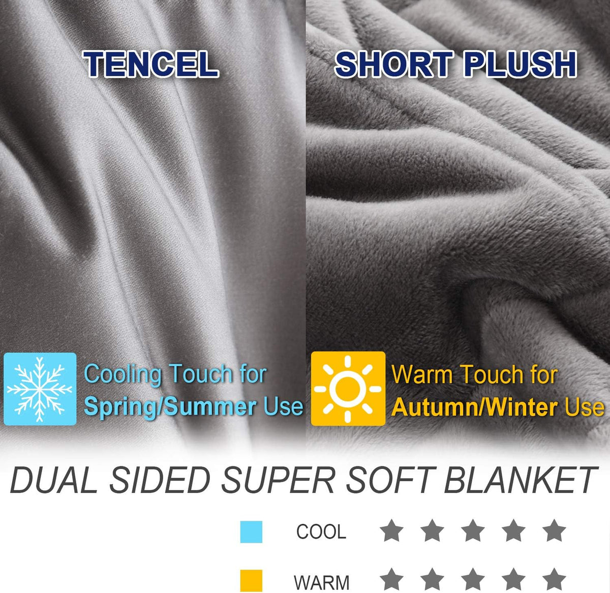 Reversible Weighted Blanket 48''x72'' 15lbs for Adults, Warm Short Plush and Cool Tencel Fabric Double-Sided Weighted Blanket for All Season Use - Carry Bag Included