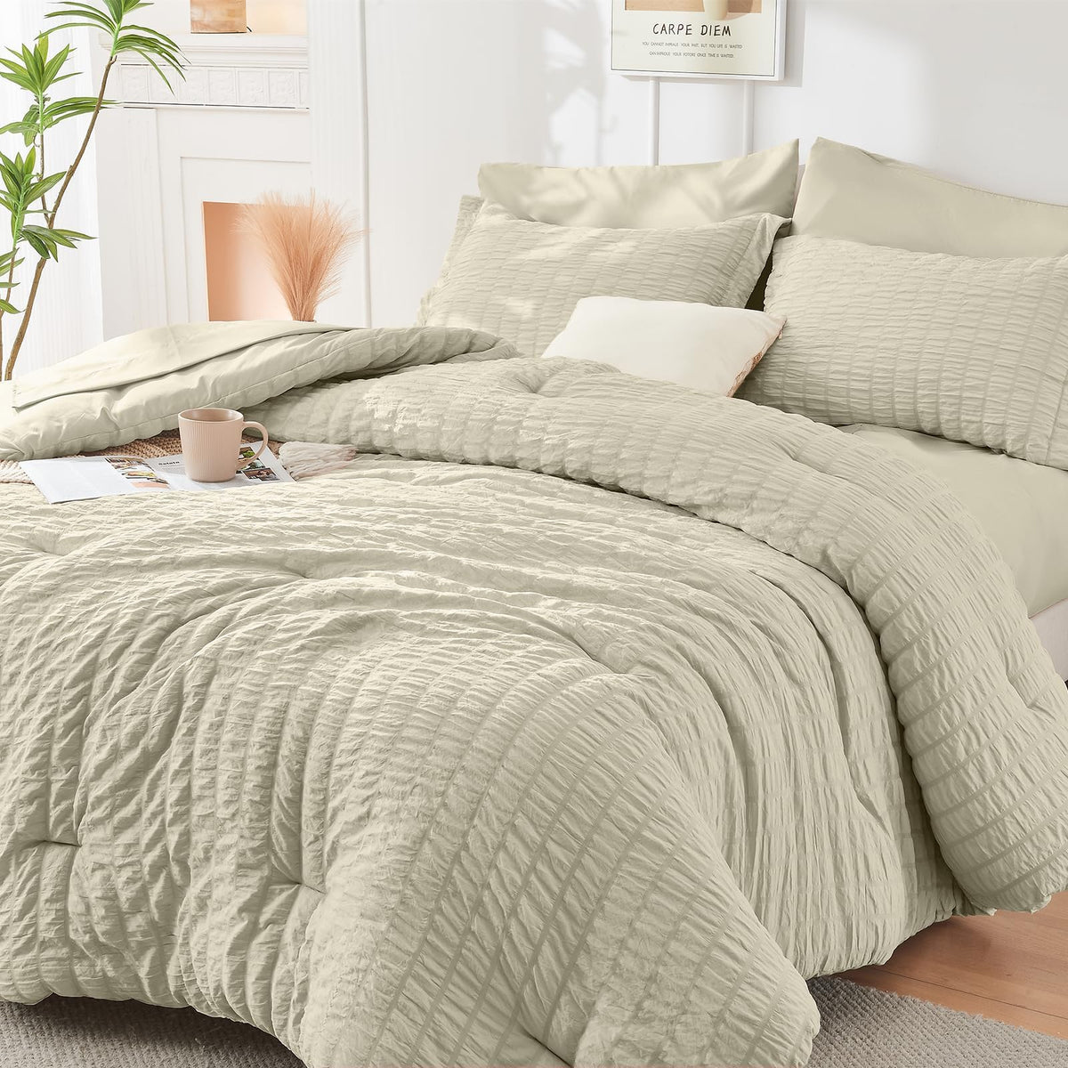 HYMOKEGE Full Size Comforter Sets Seersucker 7 Pieces, All Season Luxury Bed in a Bag for Bedroom, Bedding Set with Comforters, Sheets, Pillowcases & Shams, Dark Grey