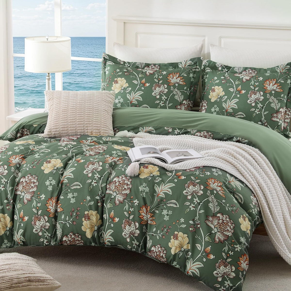 JOLLYVOGUE Floral Duvet Cover Full, 3Pcs Reversible Beige Duvet Cover Set