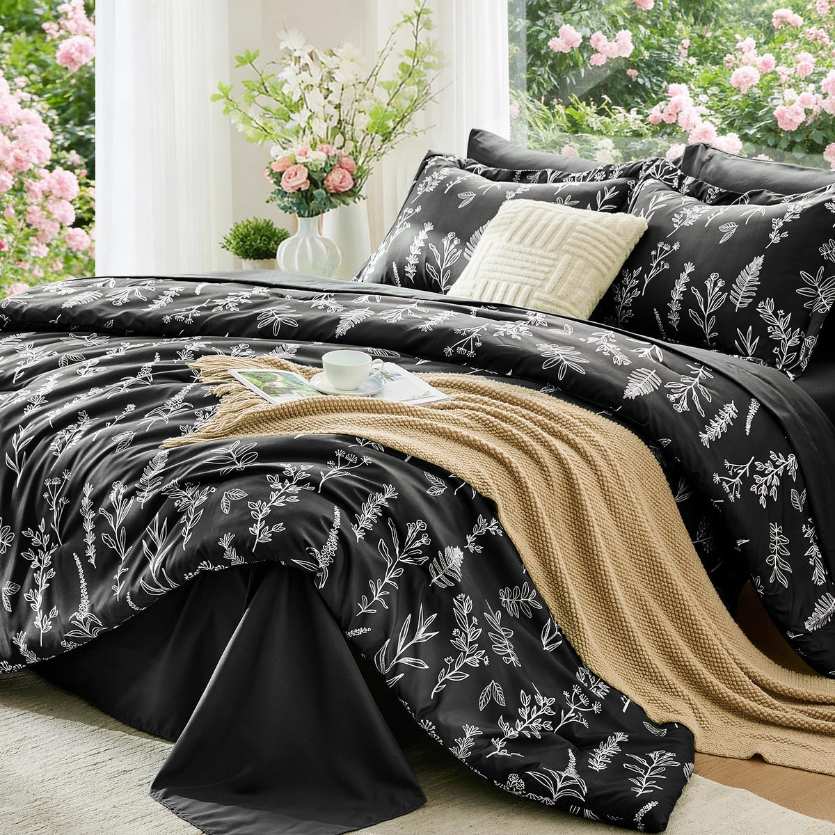 MUXHOMO Sage Green TwinXL Comforter Set, Elegant Floral Print Bed in a Bag 5 Pieces, Ultra Soft & Breathable Reversible Botanical Pattern Bedding Set with Comforter, Sheets, Pillowcase, and Sham
