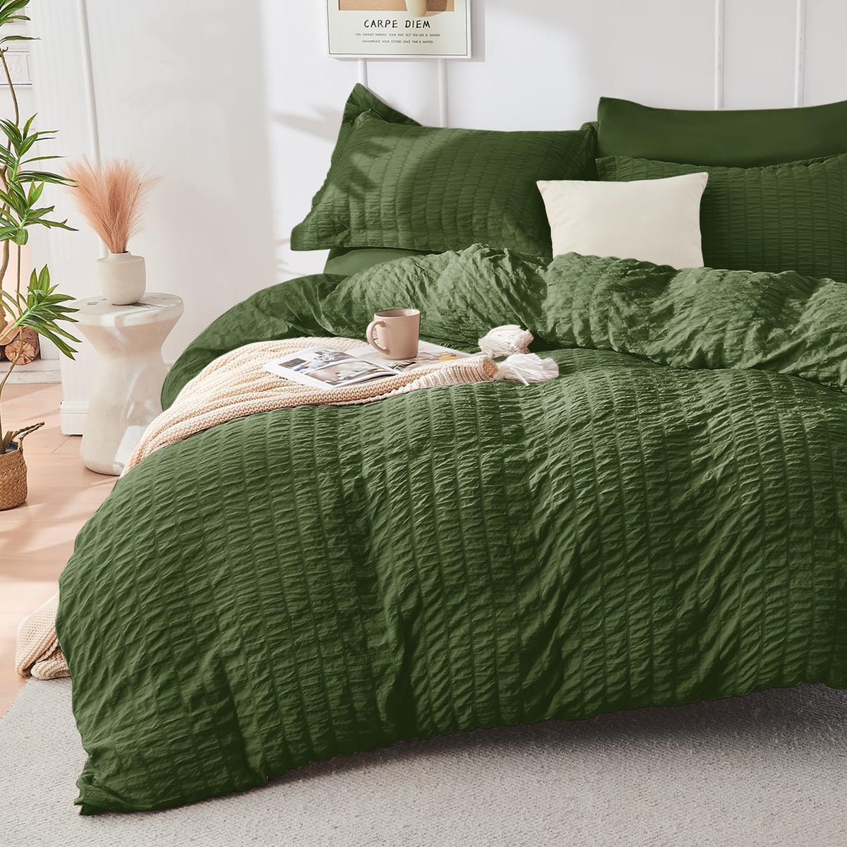 Duvet Cover Queen Size, Seersucker Bedding Set, 3 Pieces, Dark Grey