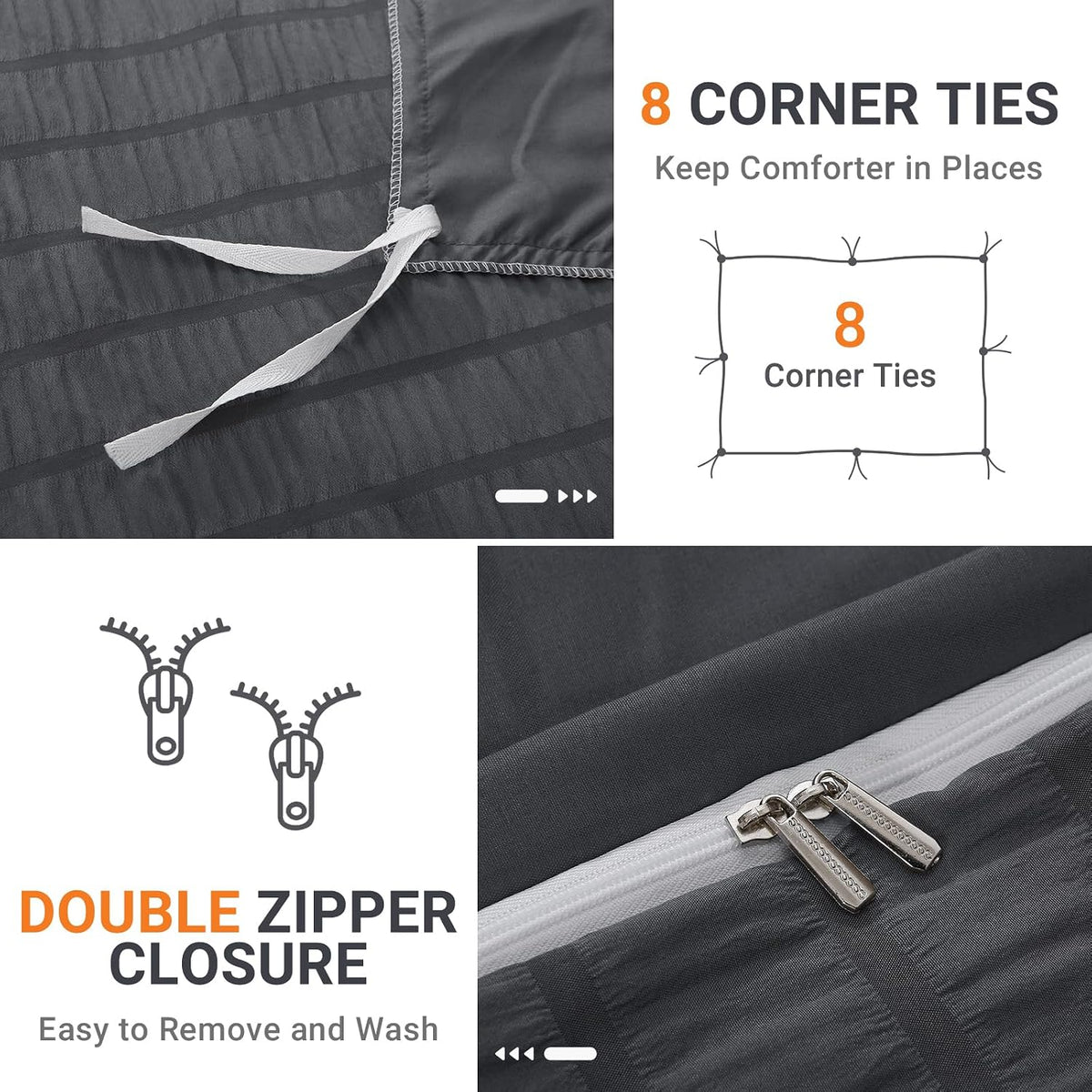 Duvet Cover Queen Size, Seersucker Bedding Set, 3 Pieces, Dark Grey