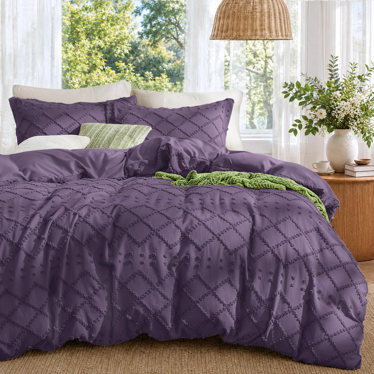Boho Duvet Cover Set Queen Size, Tufted Embroidery Bedding, 3 PCS, Beige