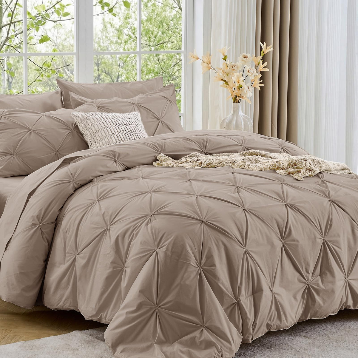 Sasttie Twin Comforter Set, 5-Piece Bed in a Bag, Pintuck Bedding Sets for All Season, Includes Comforter, Flat Sheet, Fitted Sheet, Pillowcase and Pillowsham, Baby Pink