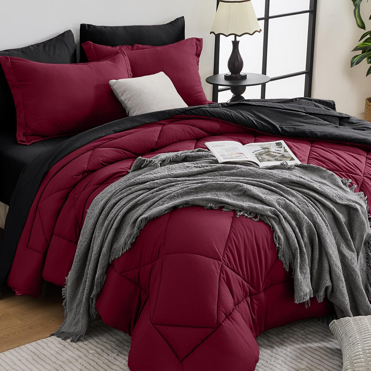 HEVUMYI 7-Piece Queen Comforter Set, Dark Grey Bed in a Bag