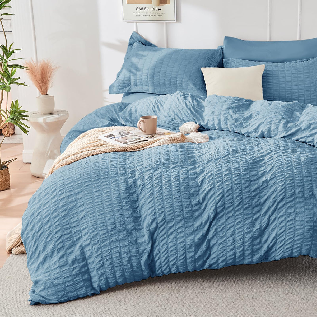 Duvet Cover Queen Size, Seersucker Bedding Set, 3 Pieces, Dark Grey