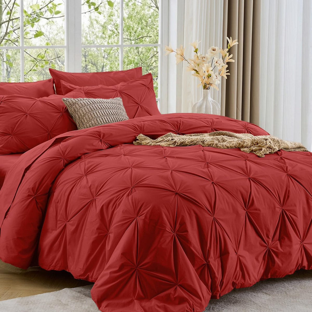 Sasttie Twin Comforter Set, 5-Piece Bed in a Bag, Pintuck Bedding Sets for All Season, Includes Comforter, Flat Sheet, Fitted Sheet, Pillowcase and Pillowsham, Baby Pink