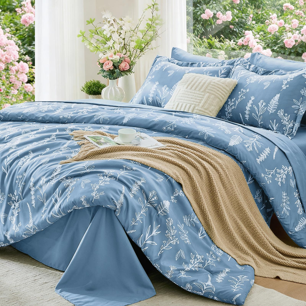MUXHOMO Sage Green TwinXL Comforter Set, Elegant Floral Print Bed in a Bag 5 Pieces, Ultra Soft & Breathable Reversible Botanical Pattern Bedding Set with Comforter, Sheets, Pillowcase, and Sham