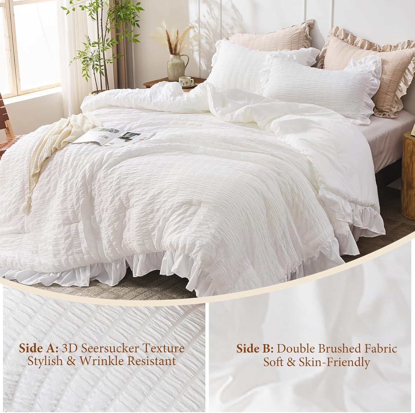 JOLLYVOGUE White Twin Size Comforter Set, 2 Pieces Seersucker Lightweight Fluffy Bedding Set, Twin Ruffle Comforter, All Season Soft Microfiber Shabby Chic Bed Set