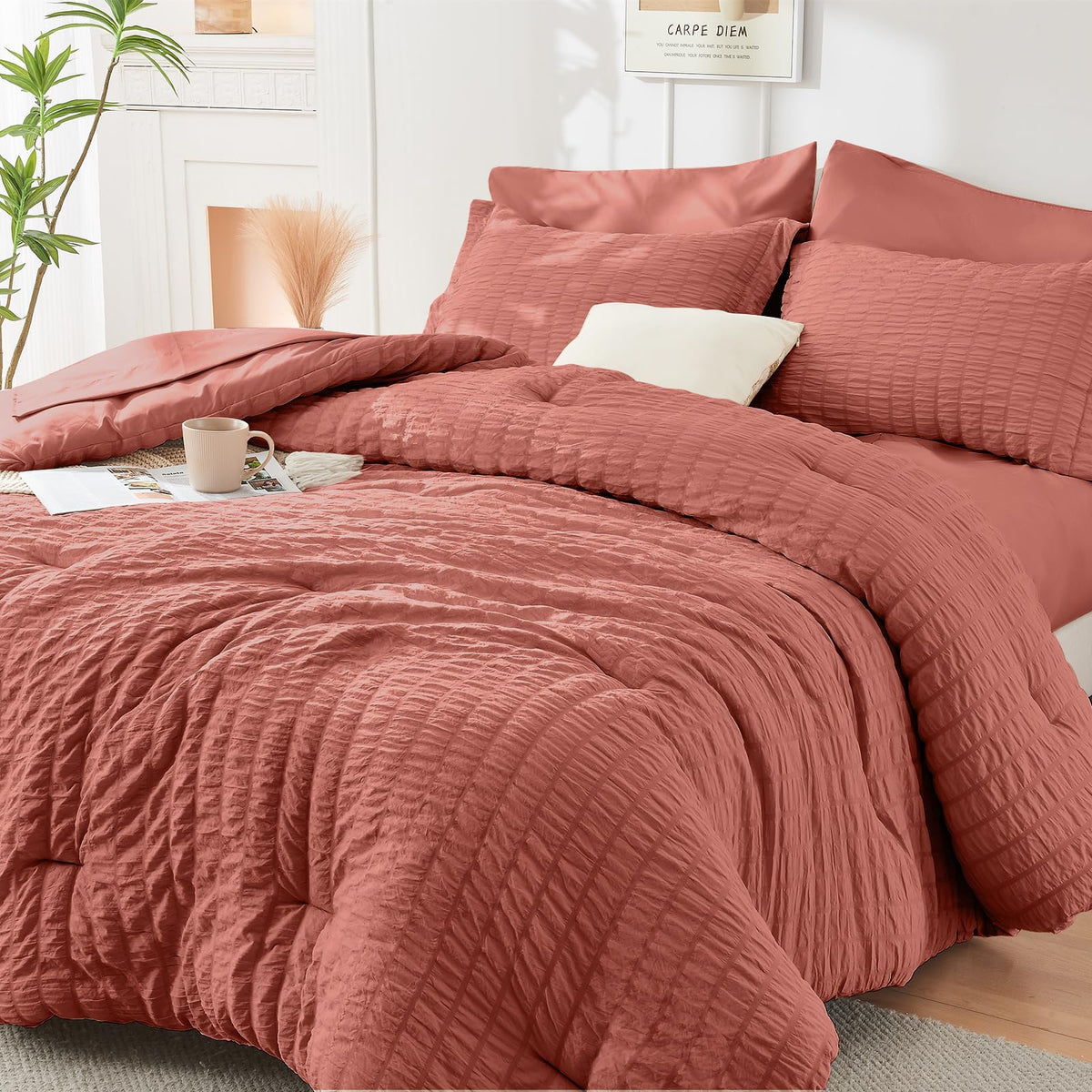 HYMOKEGE Full Size Comforter Sets Seersucker 7 Pieces, All Season Luxury Bed in a Bag for Bedroom, Bedding Set with Comforters, Sheets, Pillowcases & Shams, Dark Grey