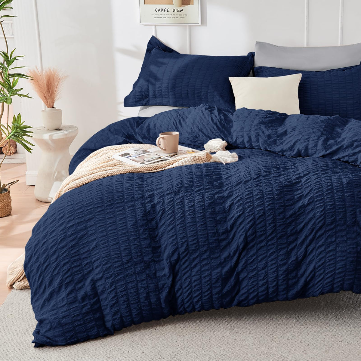 Duvet Cover Queen Size, Seersucker Bedding Set, 3 Pieces, Dark Grey