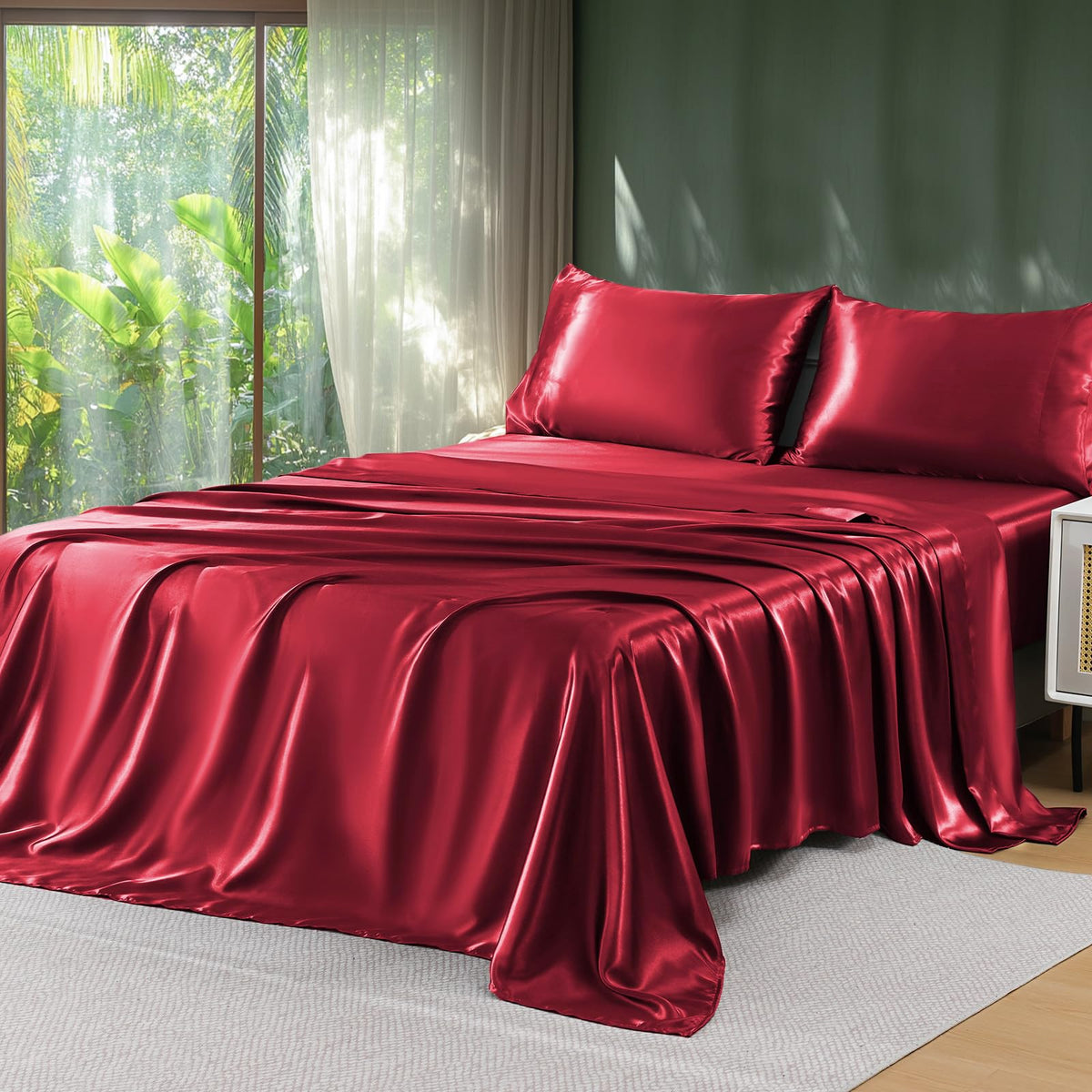 Sasttie Satin Sheets Black Queen Size - 4 Pieces Luxury Soft Black Silky Bed Sheets Set with Pillowcases - Smooth Silk-Like Satin Fwabric, Reinforced 14 Inches Pocket, Oeko-Tex Certified