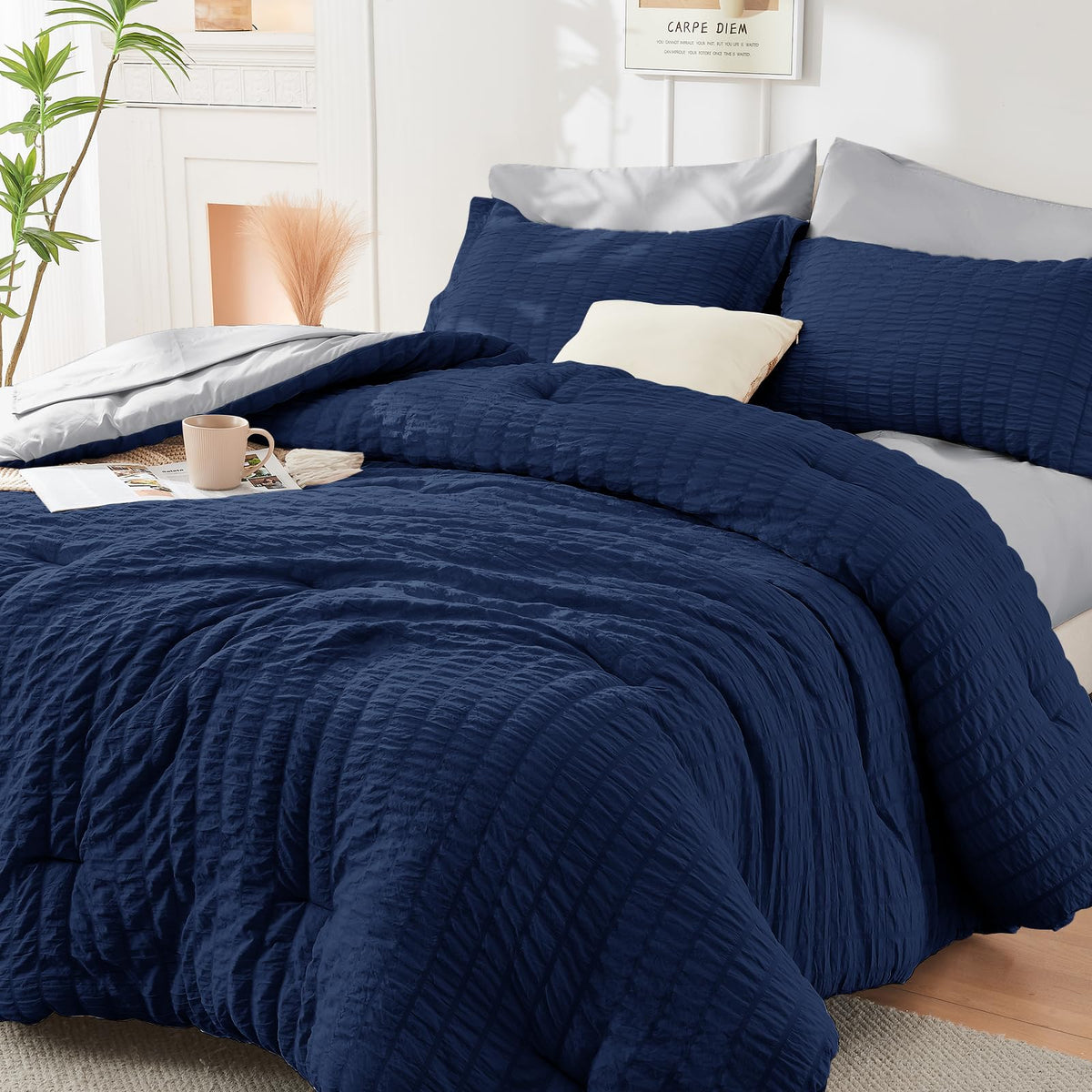 HYMOKEGE Full Size Comforter Sets Seersucker 7 Pieces, All Season Luxury Bed in a Bag for Bedroom, Bedding Set with Comforters, Sheets, Pillowcases & Shams, Dark Grey