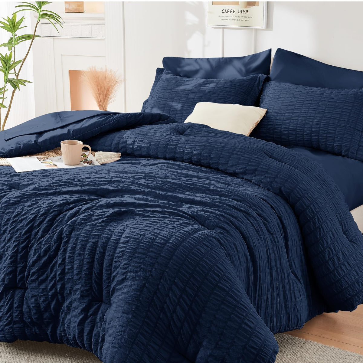 HYMOKEGE Full Size Comforter Sets Seersucker 7 Pieces, All Season Luxury Bed in a Bag for Bedroom, Bedding Set with Comforters, Sheets, Pillowcases & Shams, Dark Grey