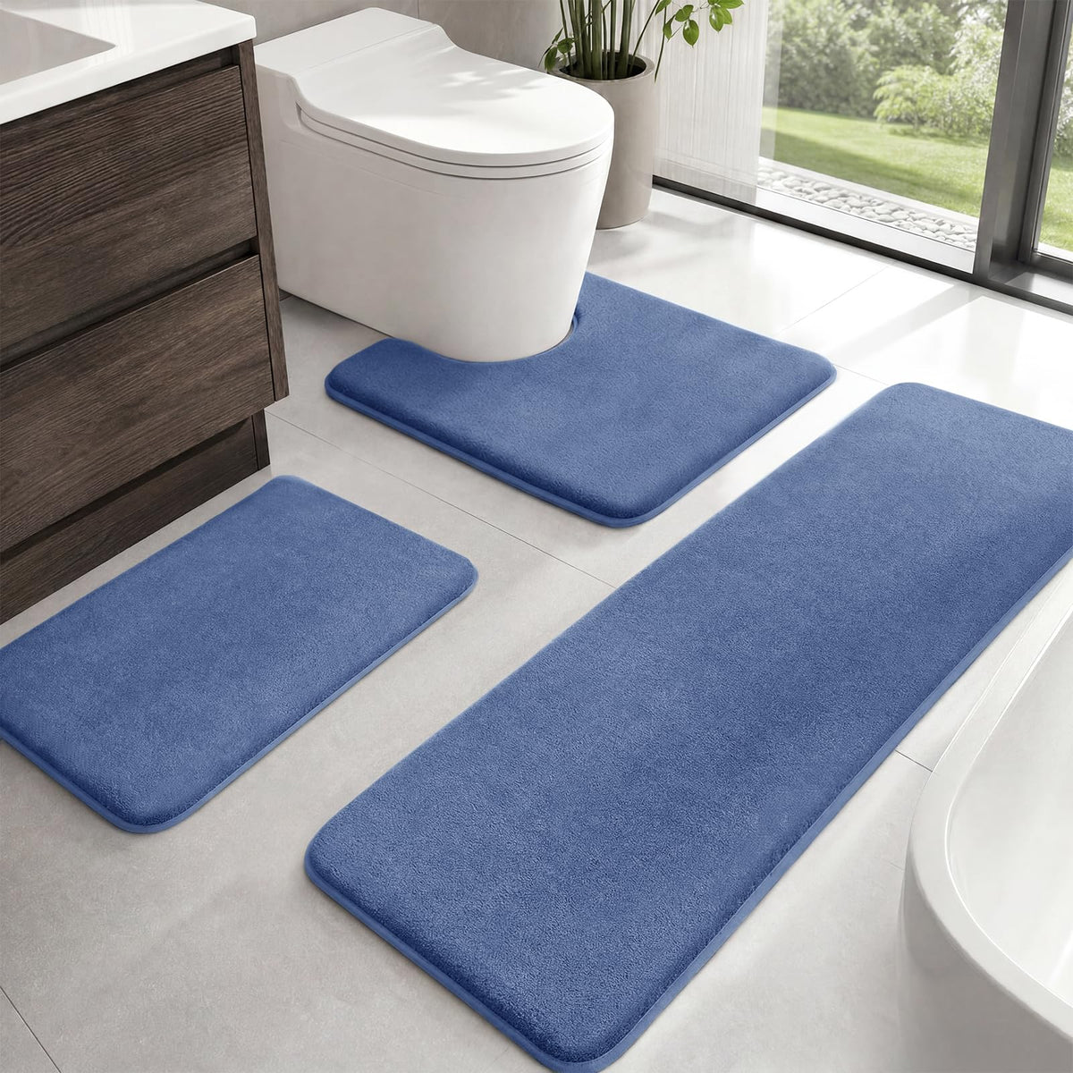 HUXMEYSON Bathroom Rugs Sets 3 Piece, Non-Slip & Quick Dry Bath Mat Set, Ultra Soft Velvet Bath Rugs for Bathroom, Toilet and Shower Floor, Grey