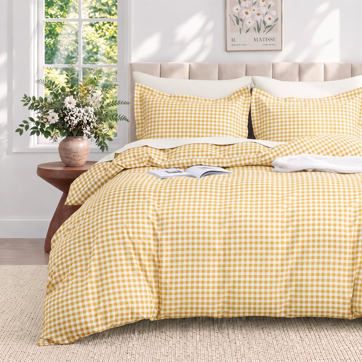JOLLYVOGUE Brown Queen Comforter Set, 7 Pieces Gingham Bed in a Bag
