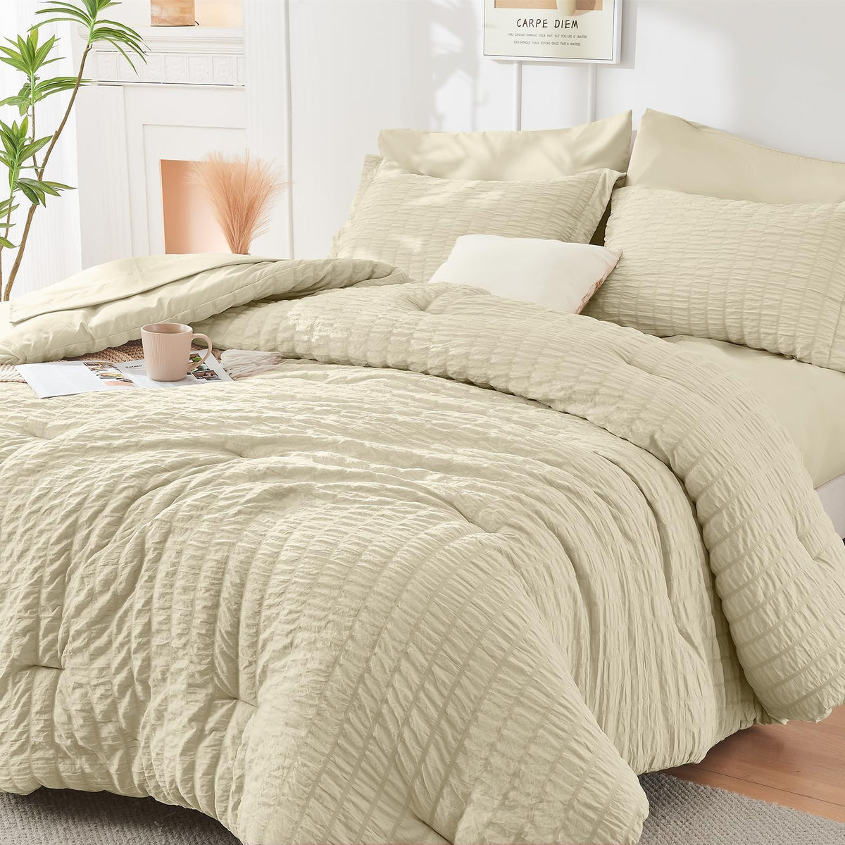HYMOKEGE Full Size Comforter Sets Seersucker 7 Pieces, All Season Luxury Bed in a Bag for Bedroom, Bedding Set with Comforters, Sheets, Pillowcases & Shams, Dark Grey