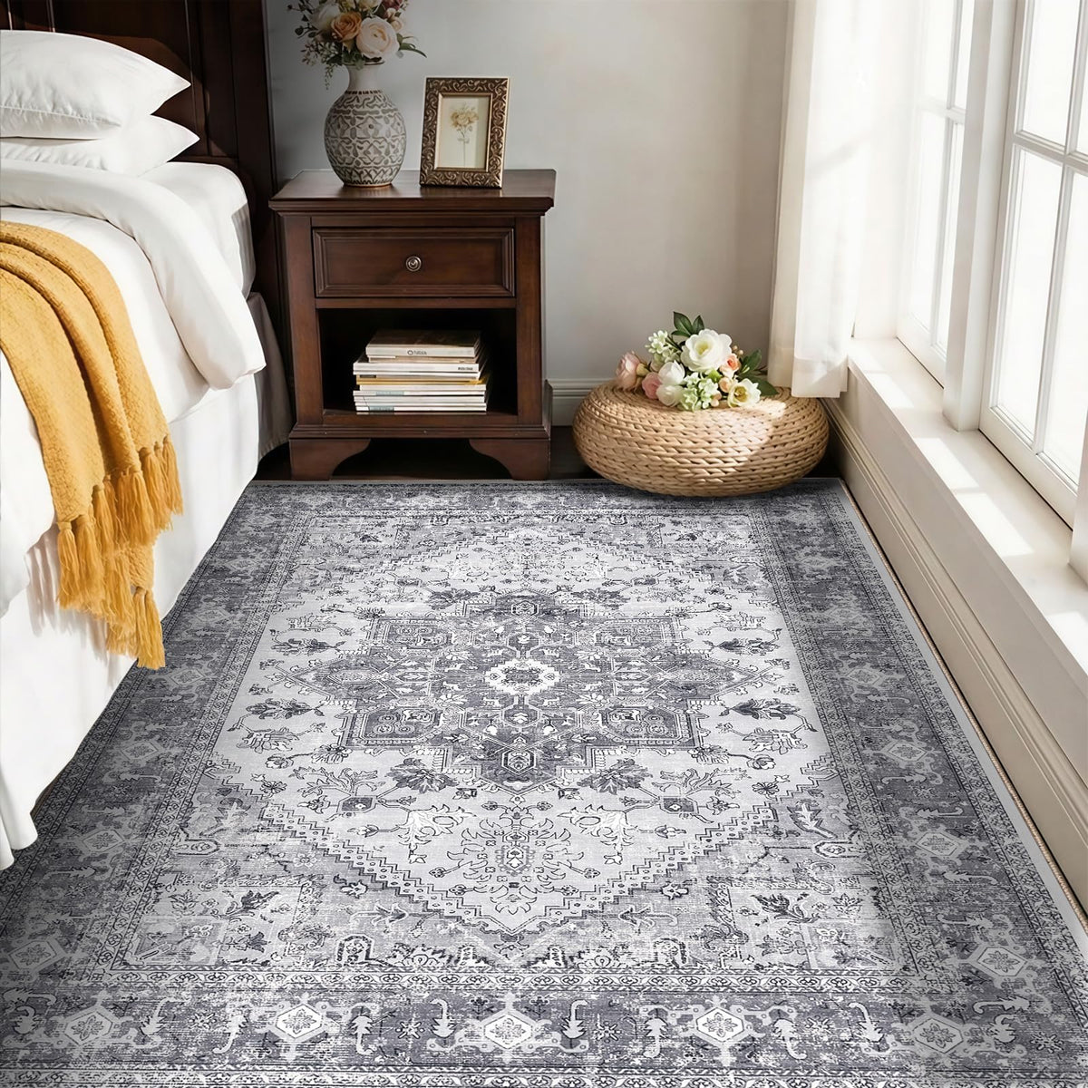 OPPODREAM Soft Area Rugs 5x7, Persian-Inspired Washable Rug, Blue & Gold