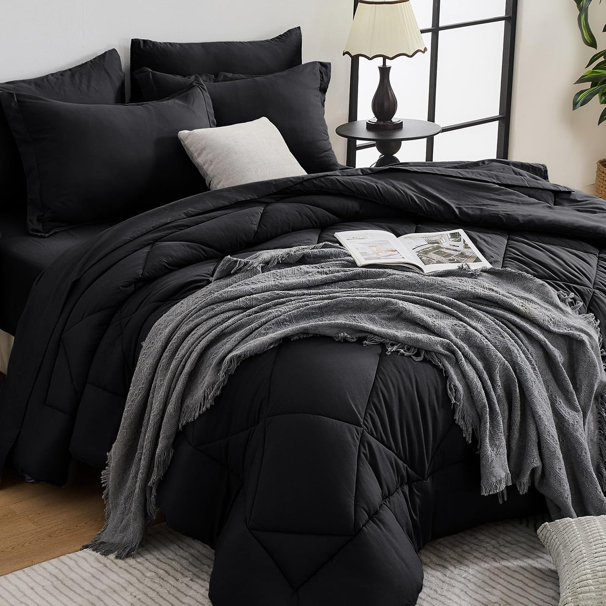 HEVUMYI 7-Piece Queen Comforter Set, Dark Grey Bed in a Bag