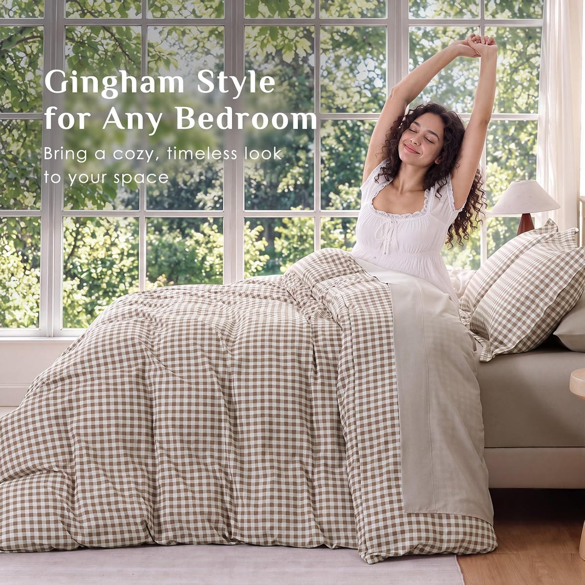 JOLLYVOGUE Brown Queen Comforter Set, 7 Pieces Gingham Bed in a Bag