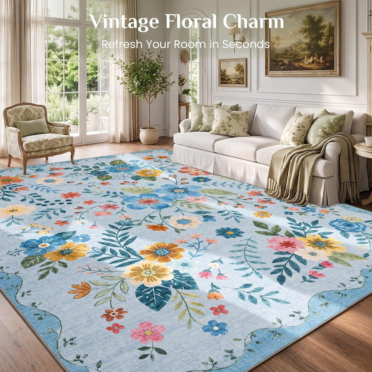 JOLLYVOGUE Floral Area Rug 5x7, Washable Rug for Living Room, Light Blue