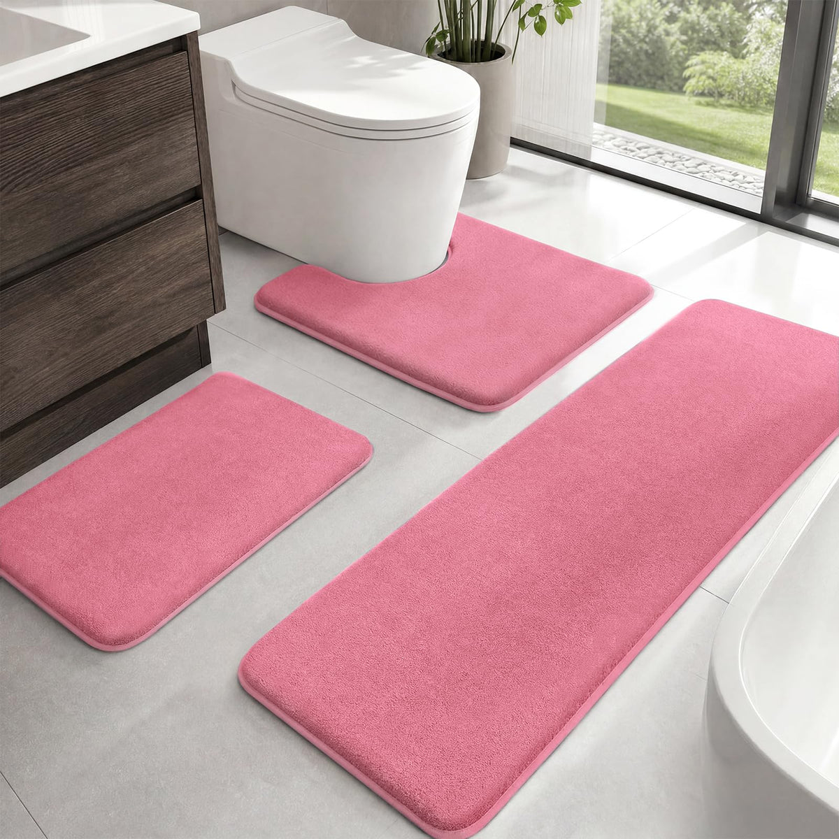 HUXMEYSON Bathroom Rugs Sets 3 Piece, Non-Slip & Quick Dry Bath Mat Set, Ultra Soft Velvet Bath Rugs for Bathroom, Toilet and Shower Floor, Grey