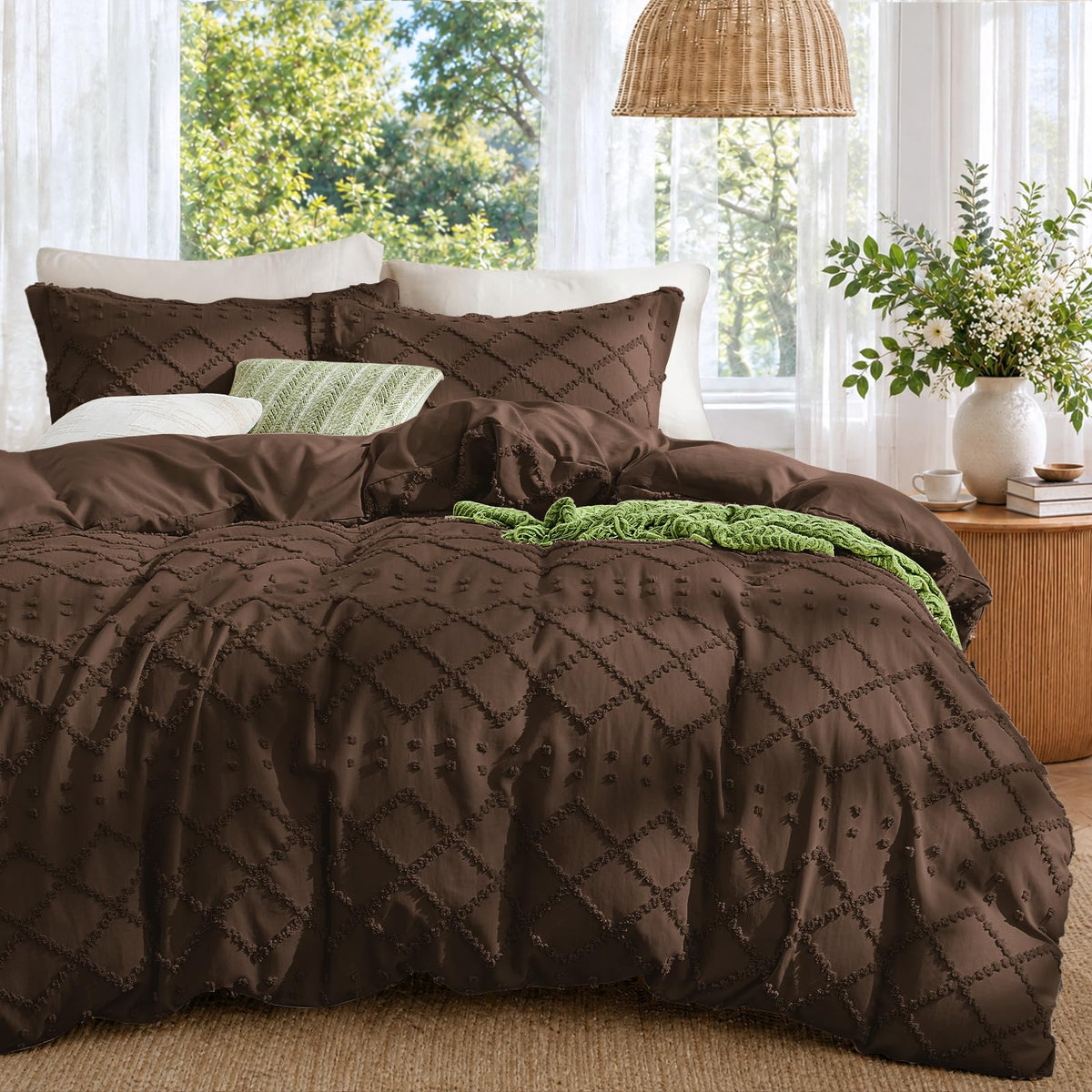 Boho Duvet Cover Set Queen Size, Tufted Embroidery Bedding, 3 PCS, Beige