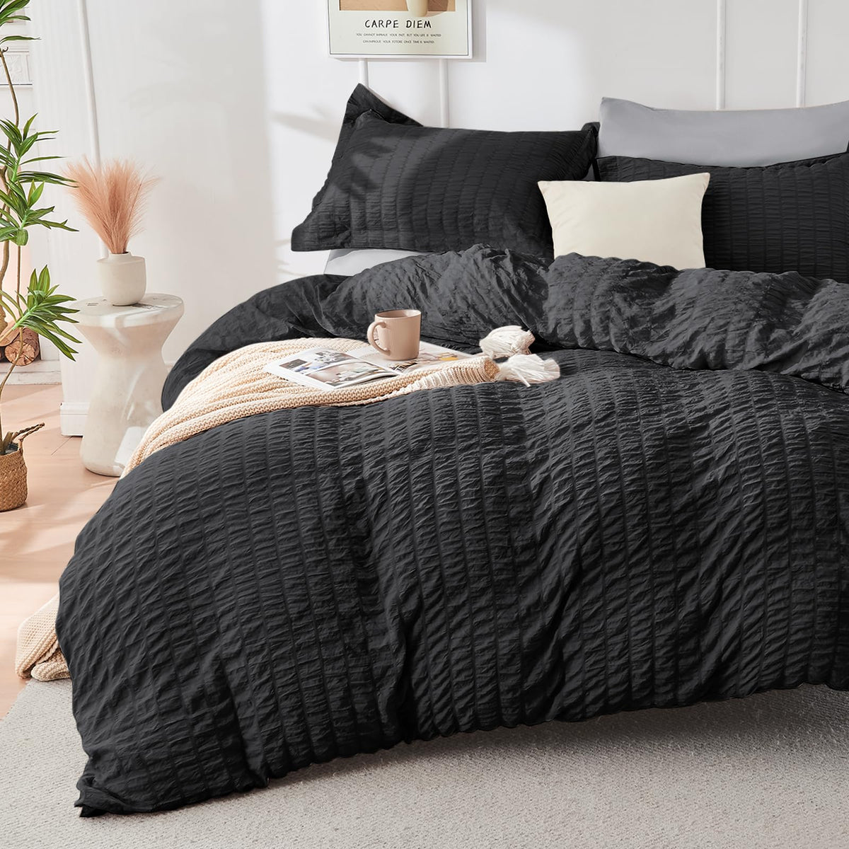 Duvet Cover Queen Size, Seersucker Bedding Set, 3 Pieces, Dark Grey
