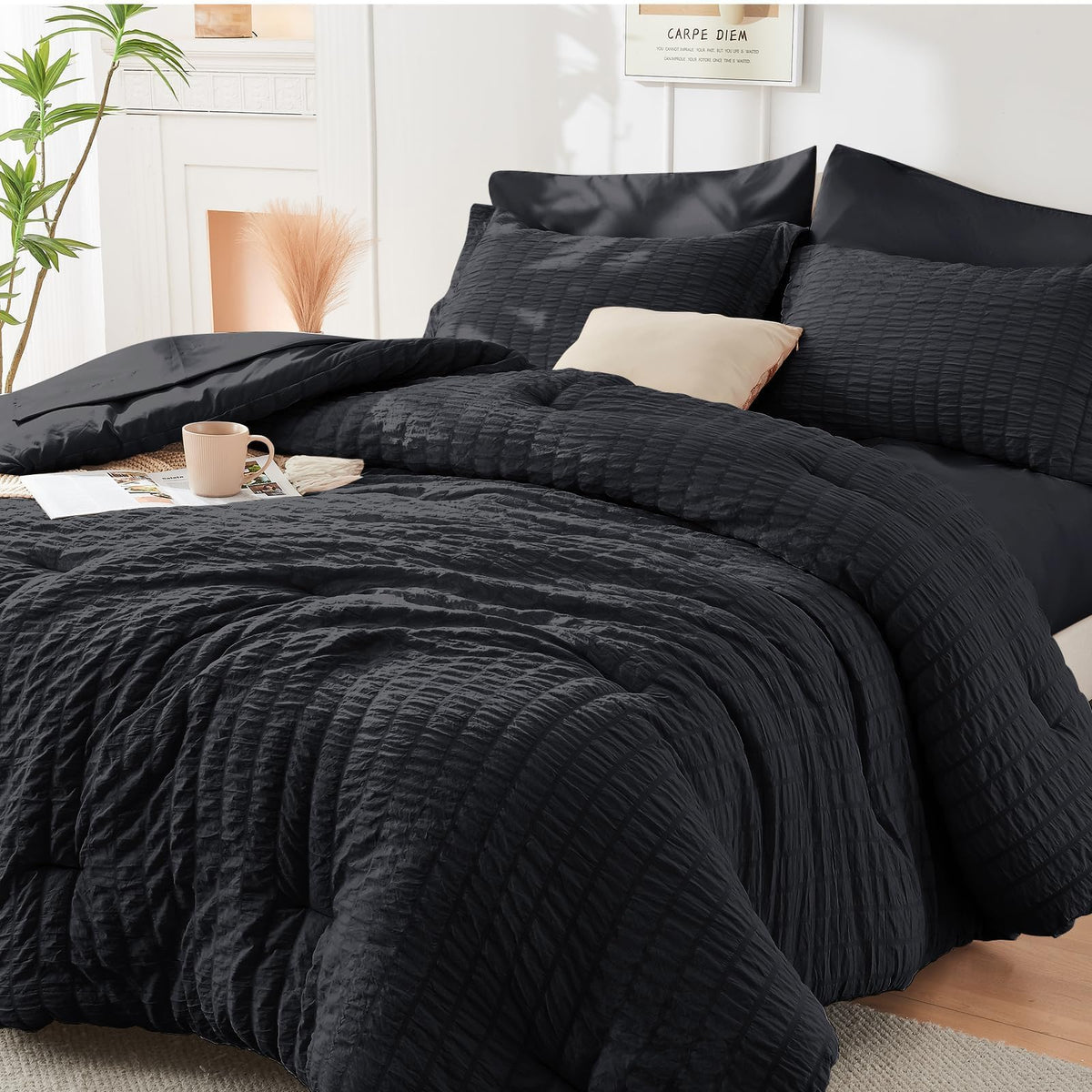 HYMOKEGE Full Size Comforter Sets Seersucker 7 Pieces, All Season Luxury Bed in a Bag for Bedroom, Bedding Set with Comforters, Sheets, Pillowcases & Shams, Dark Grey