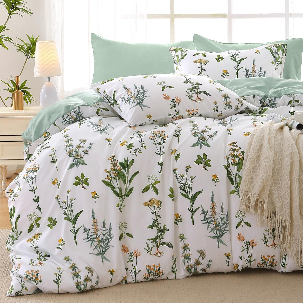 MUXHOMO Sage Green TwinXL Comforter Set, Elegant Floral Print Bed in a Bag 5 Pieces, Ultra Soft & Breathable Reversible Botanical Pattern Bedding Set with Comforter, Sheets, Pillowcase, and Sham