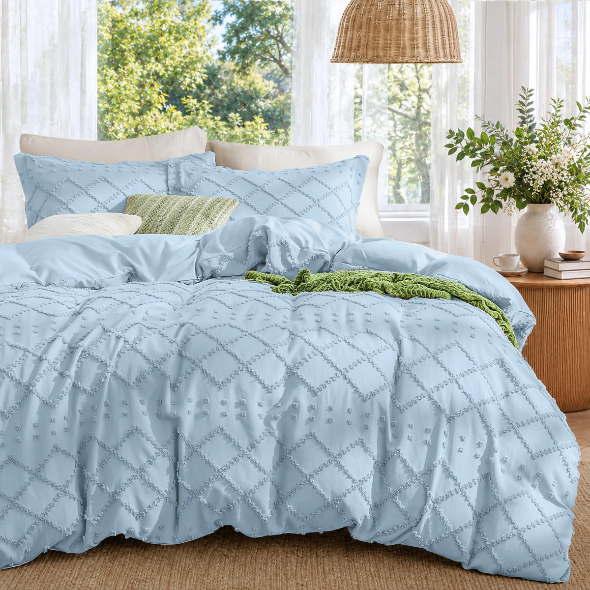 Boho Duvet Cover Set Queen Size, Tufted Embroidery Bedding, 3 PCS, Beige