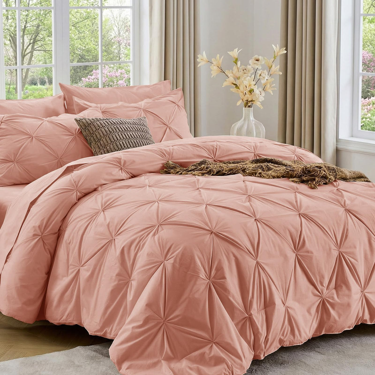 Sasttie Twin Comforter Set, 5-Piece Bed in a Bag, Pintuck Bedding Sets for All Season, Includes Comforter, Flat Sheet, Fitted Sheet, Pillowcase and Pillowsham, Baby Pink