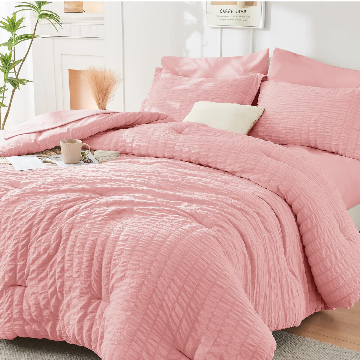 HYMOKEGE Full Size Comforter Sets Seersucker 7 Pieces, All Season Luxury Bed in a Bag for Bedroom, Bedding Set with Comforters, Sheets, Pillowcases & Shams, Dark Grey
