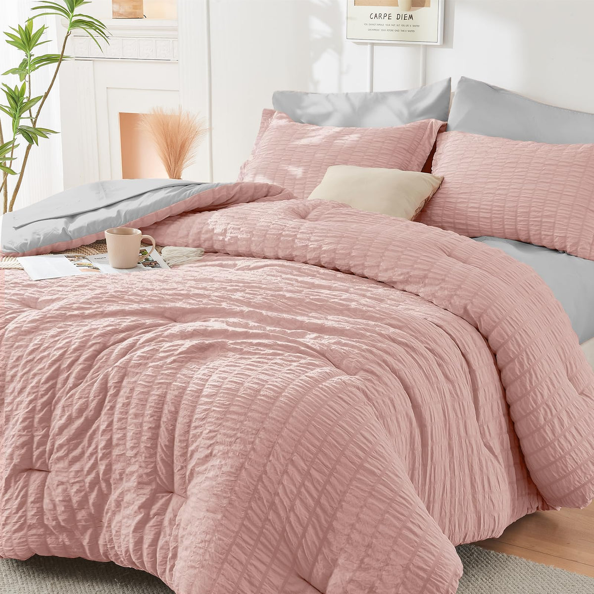 HYMOKEGE Full Size Comforter Sets Seersucker 7 Pieces, All Season Luxury Bed in a Bag for Bedroom, Bedding Set with Comforters, Sheets, Pillowcases & Shams, Dark Grey