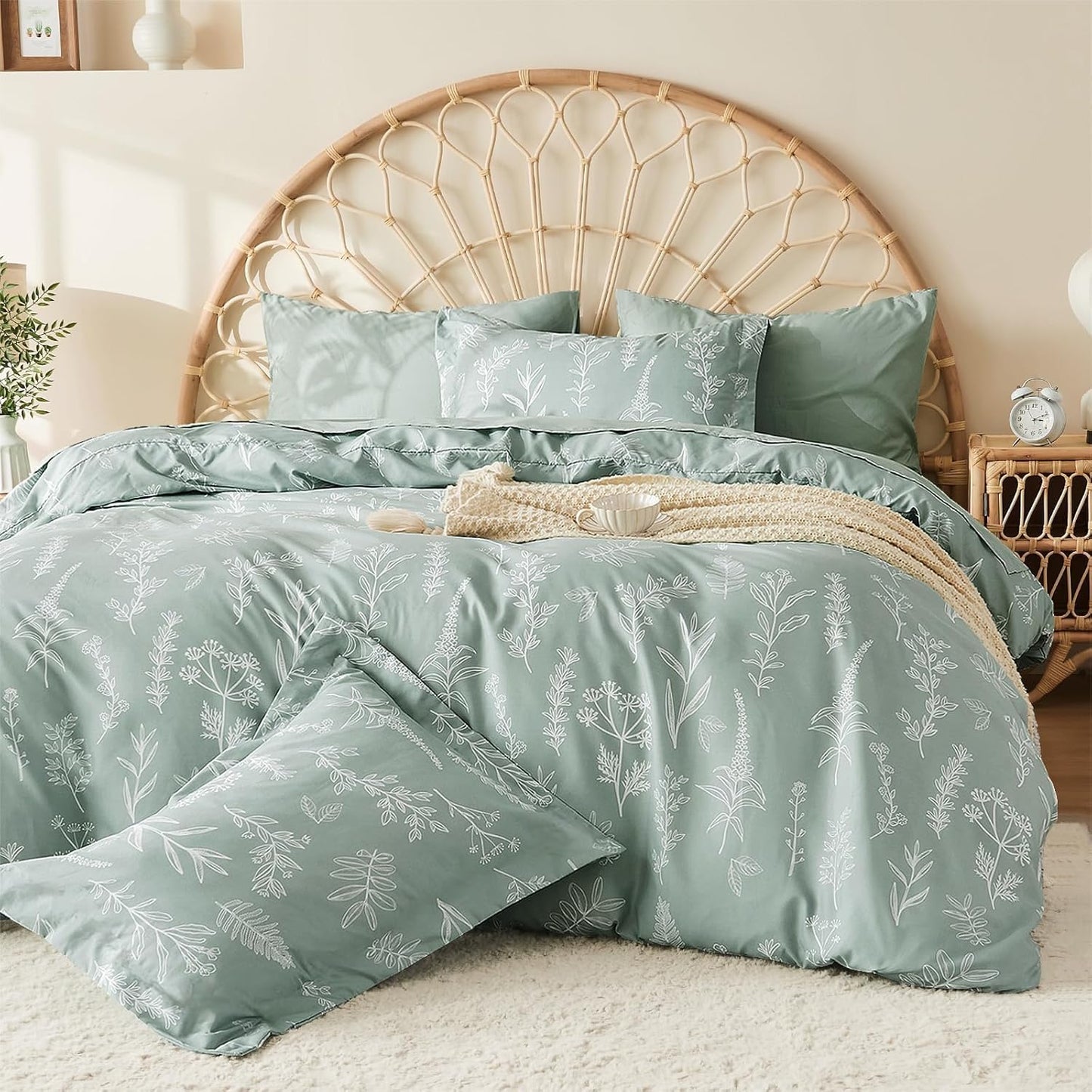 Jollyvogue Duvet Cover Queen Size, Reversible Floral Green Duvet Cover Set with Zipper Closure