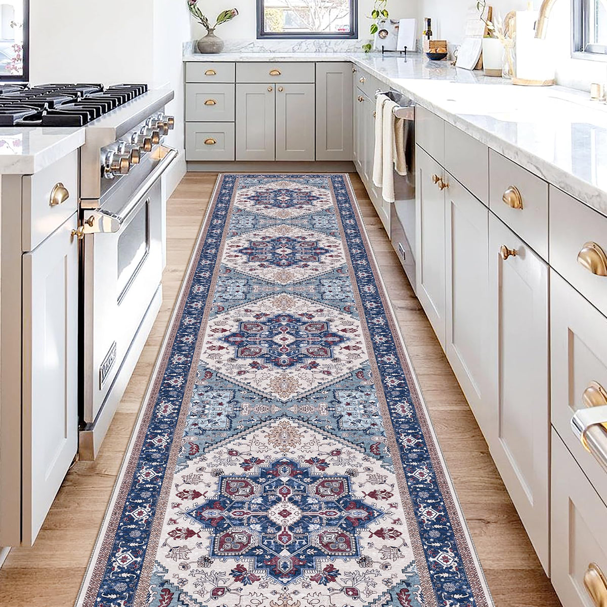 OPPODREAM Soft Area Rugs 5x7, Persian-Inspired Washable Rug, Blue & Gold