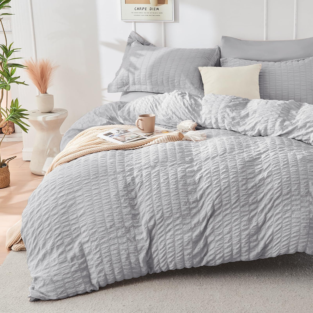Duvet Cover Queen Size, Seersucker Bedding Set, 3 Pieces, Dark Grey