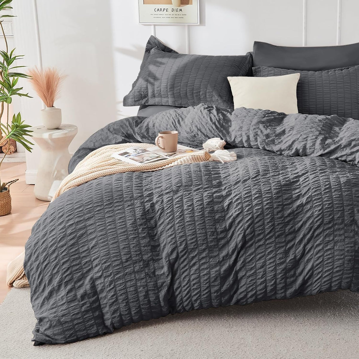 HYMOKEGE Full Size Comforter Sets Seersucker 7 Pieces, All Season Luxury Bed in a Bag for Bedroom, Bedding Set with Comforters, Sheets, Pillowcases & Shams, Dark Grey
