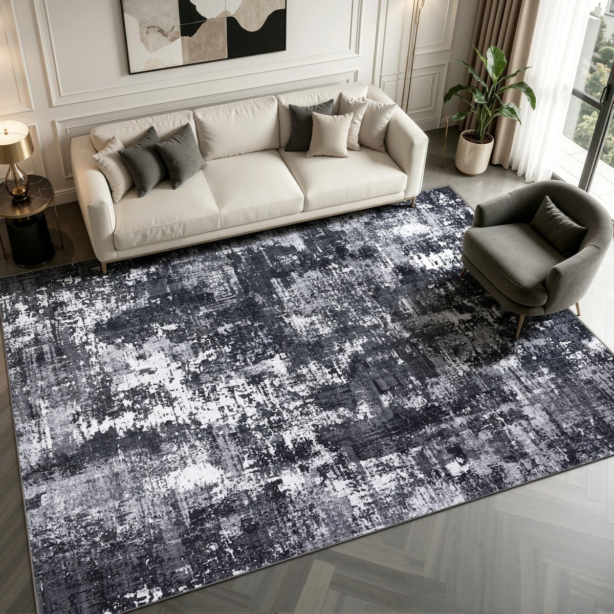Sasttie 8x10 Washable Area Rug, Modern Abstract Large Carpet, Black & White